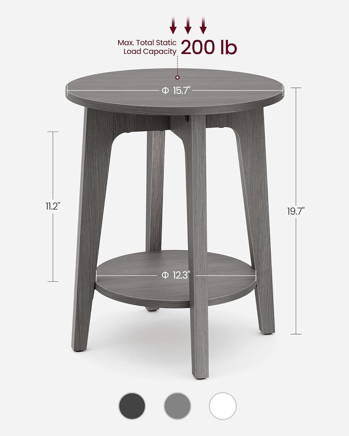 Smoky Grey Round Side Table with Lower Shelf, Modern Small End Table