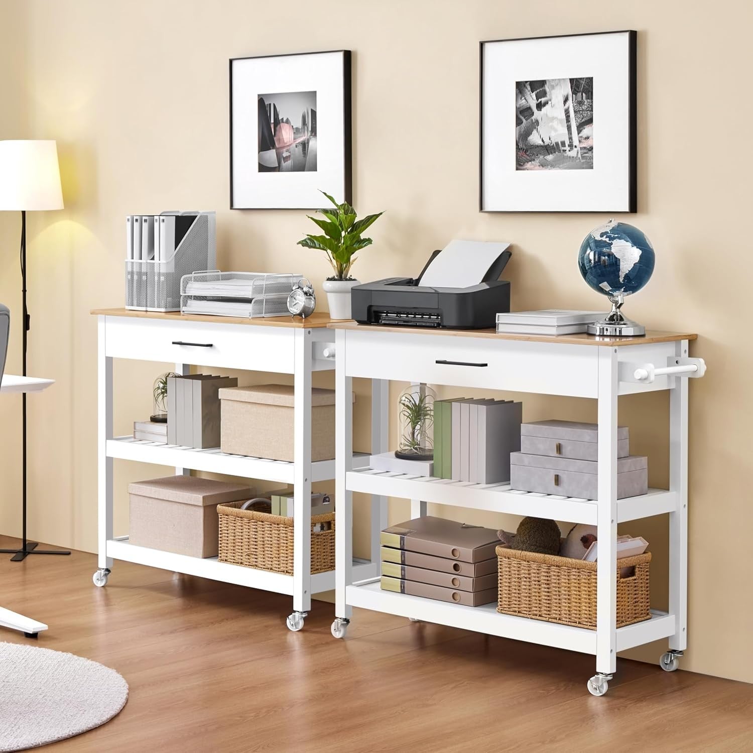 Kitchen Island Trolley on Wheels Bamboo Worktop Drawer Towel Rack Storage