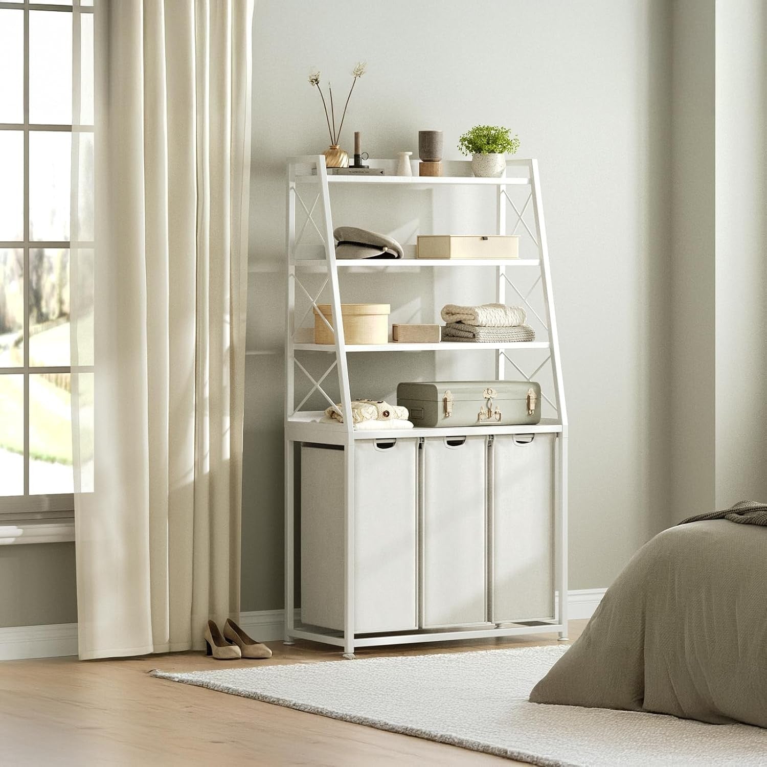 White 3 Section Laundry Hamper with 4 Tier Shelf Removable Bags & Wheels Unit