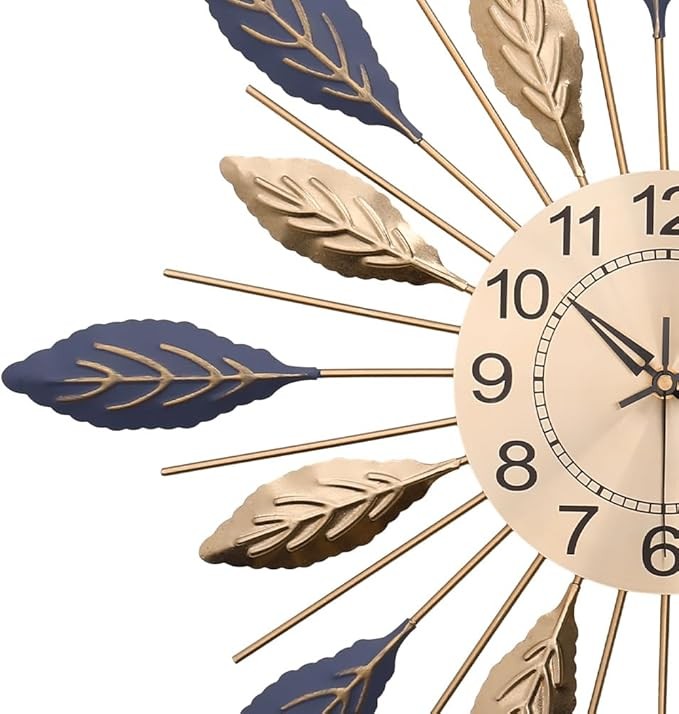 Large 55cm Leaf Wall Clock Silent Blue Gold Modern Metal Decorative Home Decor