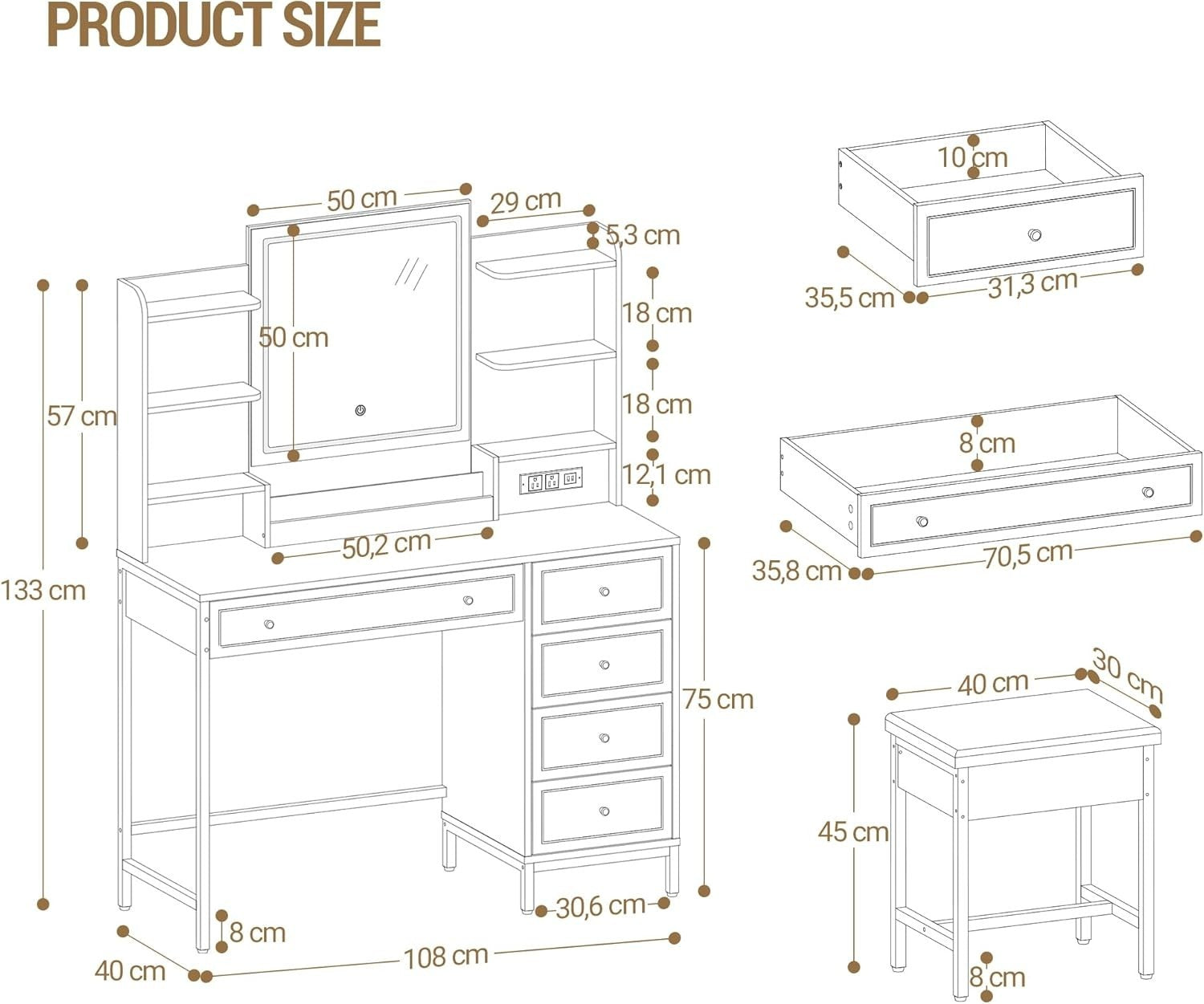 Luxury Dressing Table Vanity Makeup Desk Set w/ LED Mirror, 5 Drawers, Charging