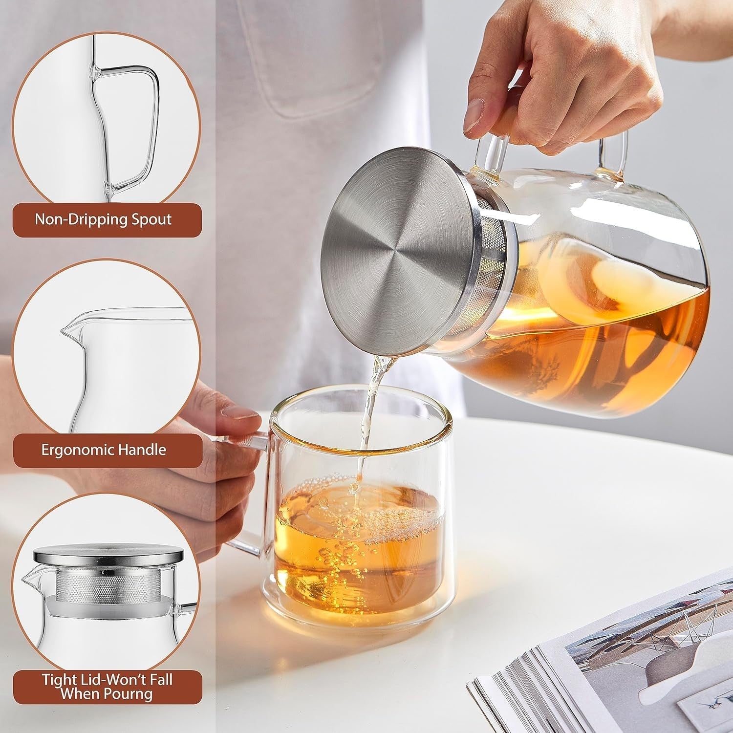 Glass Teapot 800ml Stovetop Safe Tea Pot w/ Stainless Steel Filter Lid
