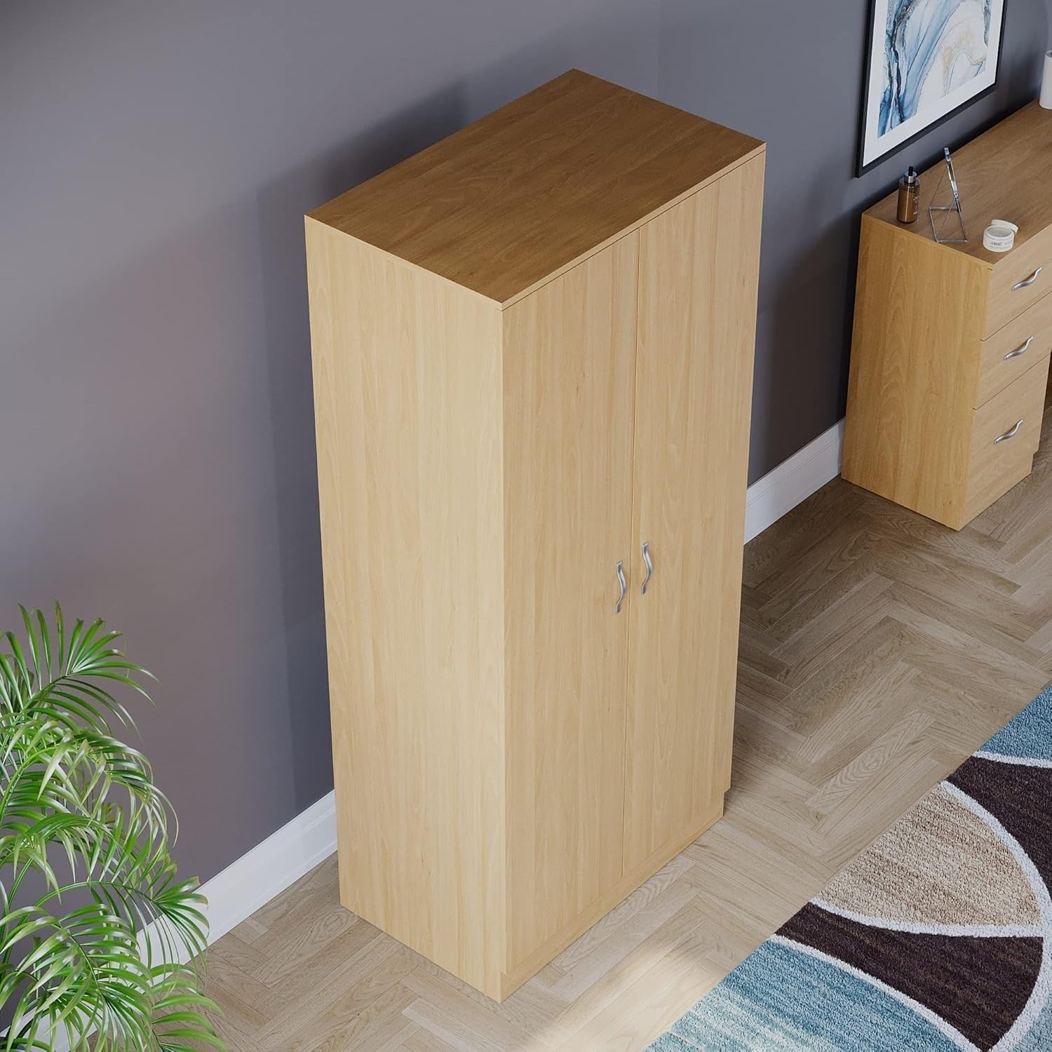 2 Door Pine Wardrobe with Shelf & Hanging Rail, Tall Bedroom Storage