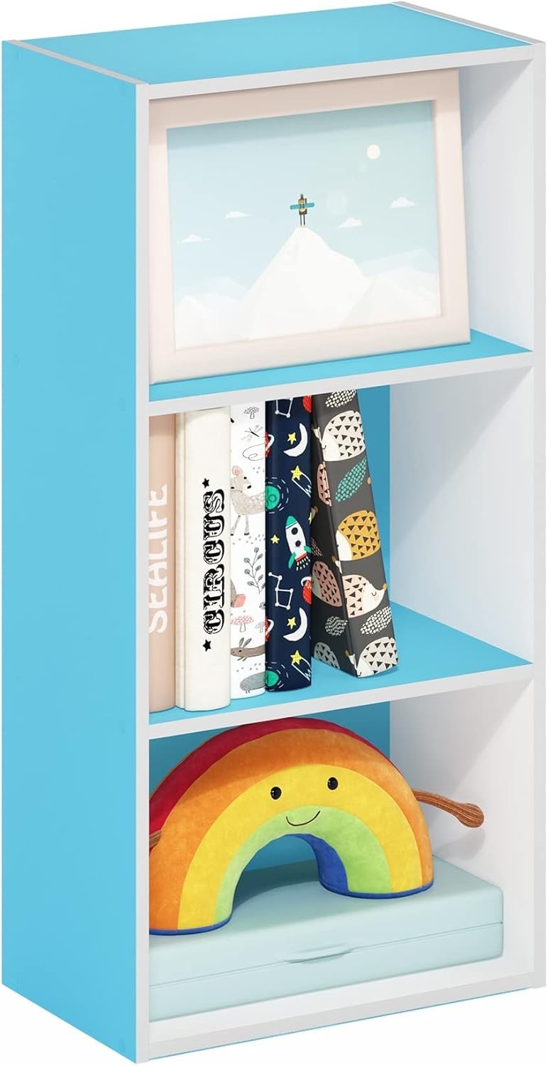 3 Tier Blue Wooden Bookcase Small Storage Shelf Compact Organizer Open Bookshelf