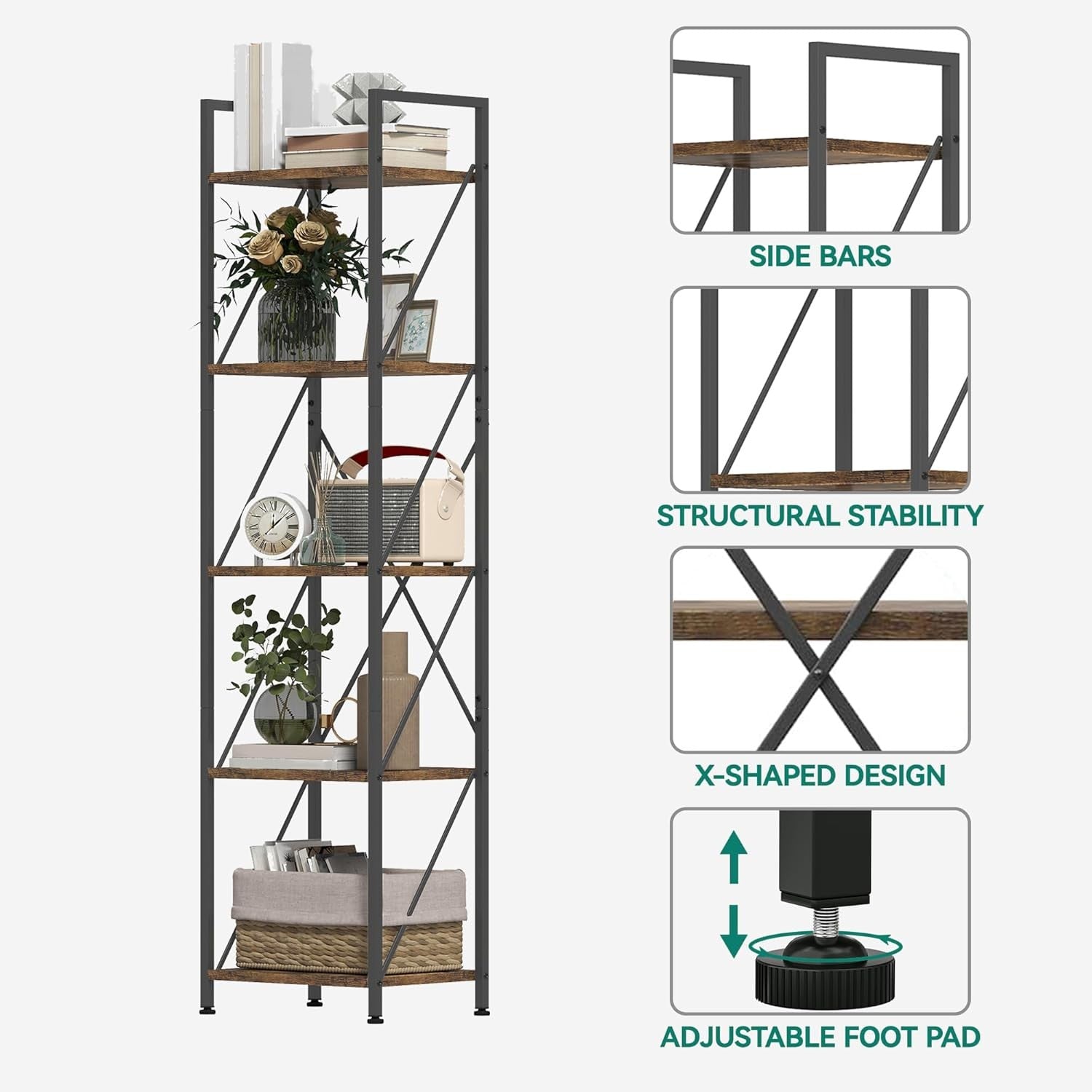5-Tier Industrial Bookshelf | Metal Frame Rustic Wood Shelves Tall Display Unit