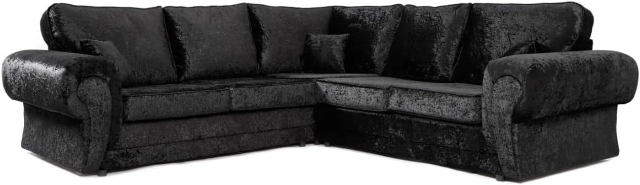 5 Seater Black Crushed Velvet Corner Sofa – L Shape, High Back, Reversible Cushi