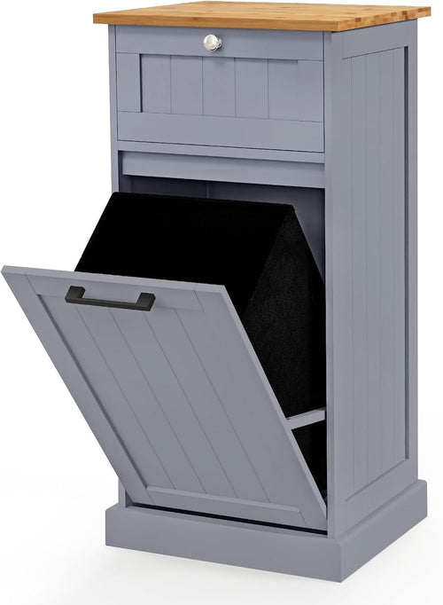Grey 30L Tilt-Out Laundry Cabinet With Drawer Bamboo Top Modern Storage