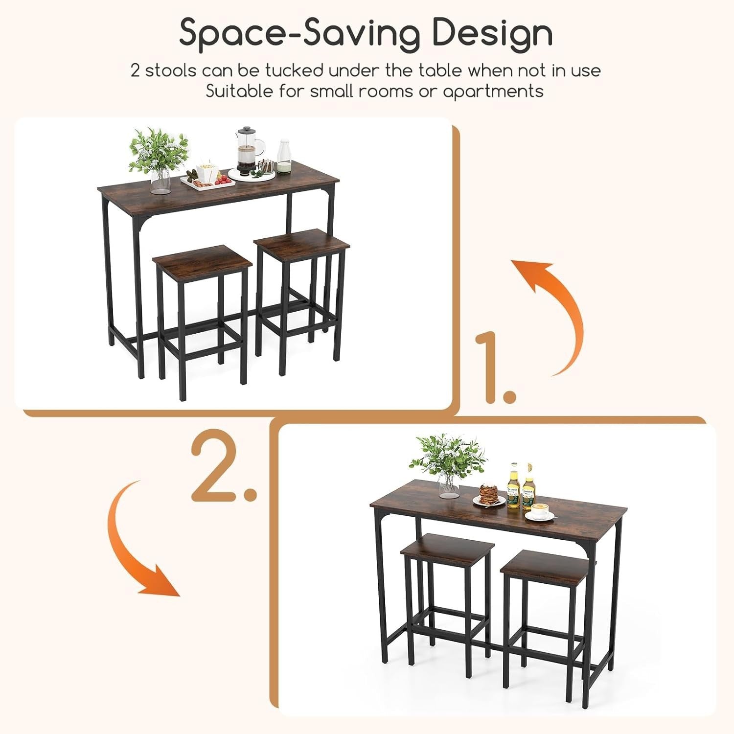 3 Piece Bar Table Set 2 Stools Space Saving Counter Height Dining Coffee Black