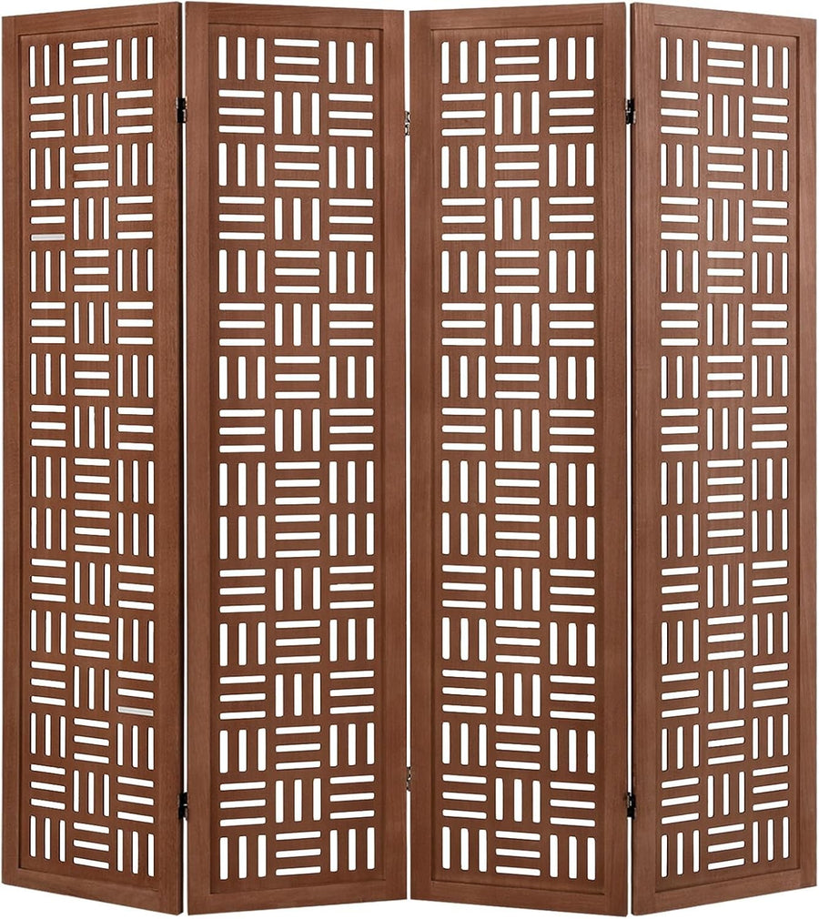 4 Panel Brown Carved Wood Folding Room Divider Privacy Screen 160x165cm