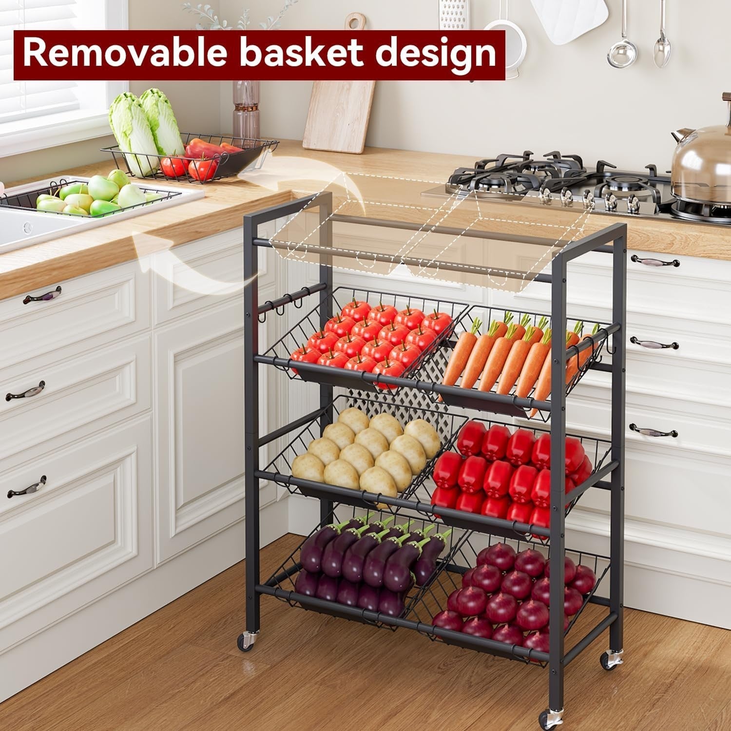 4 Tier Rolling Kitchen Storage Cart 8 Basket Fruit Vegetable Trolley