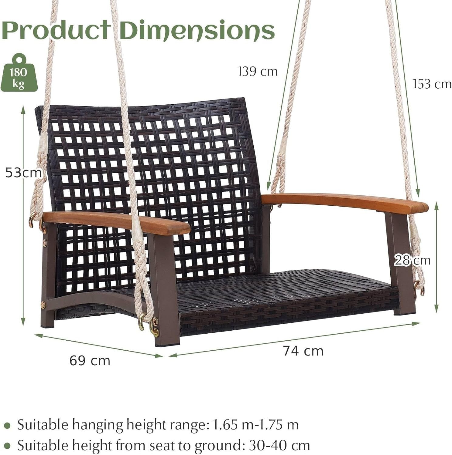 Outdoor Rattan Hanging Swing Chair with Armrests Heavy Duty Patio Seat