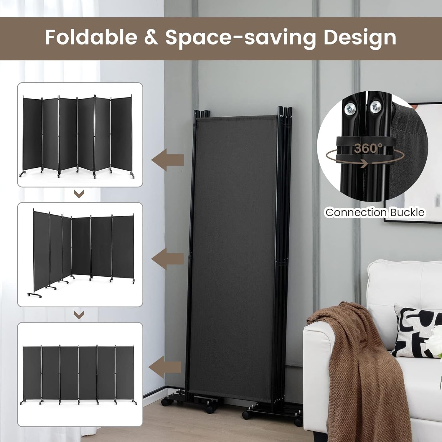 6 Panel Grey Folding Room Divider Privacy Screen Metal Frame 335x172cm