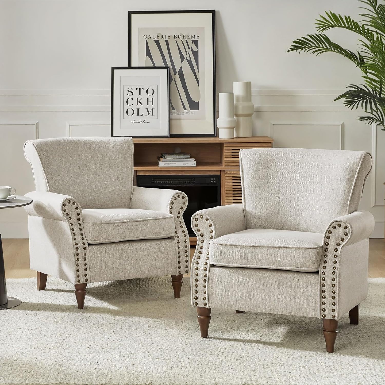 Oatmeal Wingback Armchairs Set of 2 Upholstered Lounge Living Room Chairs