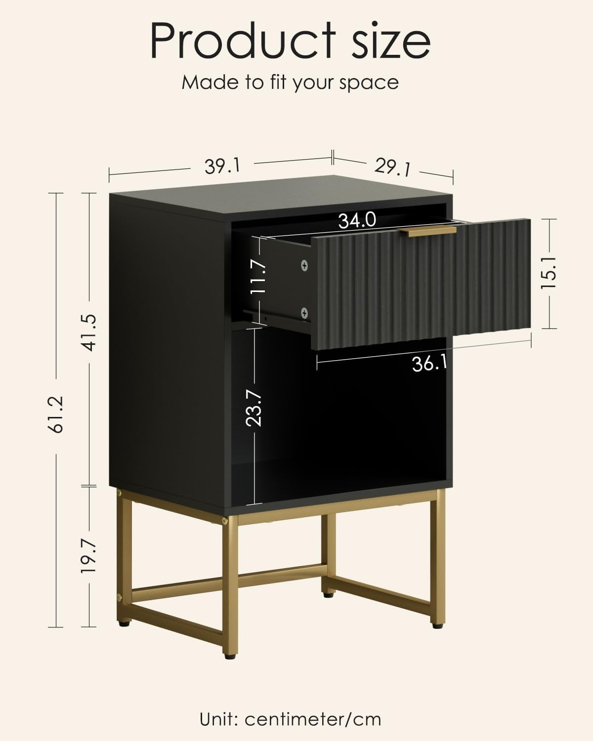 Modern Black Fluted Bedside Table with Drawer & Shelf – Gold Metal Legs