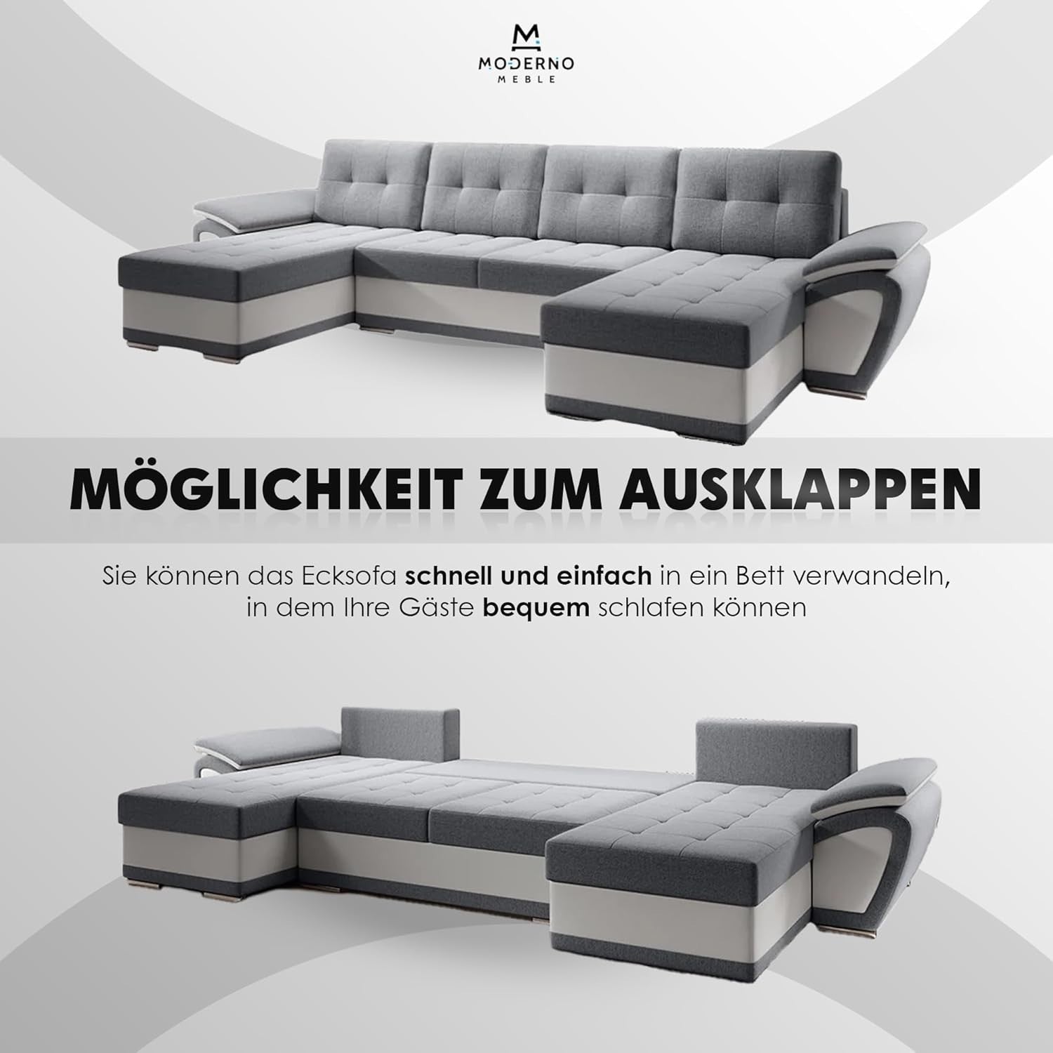 Grey U Shaped Sofa Bed with Storage Box Modern Corner Sleeper Couch Turquoise