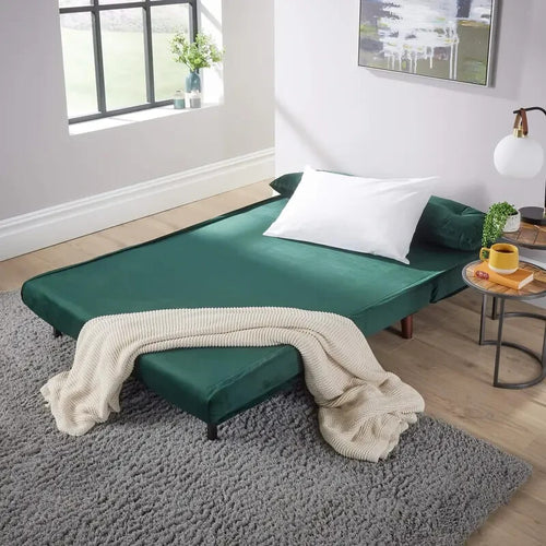 Green Velvet Double Sofa Bed 2 Seater w/ Pillows Fold Out Guest Sleeper