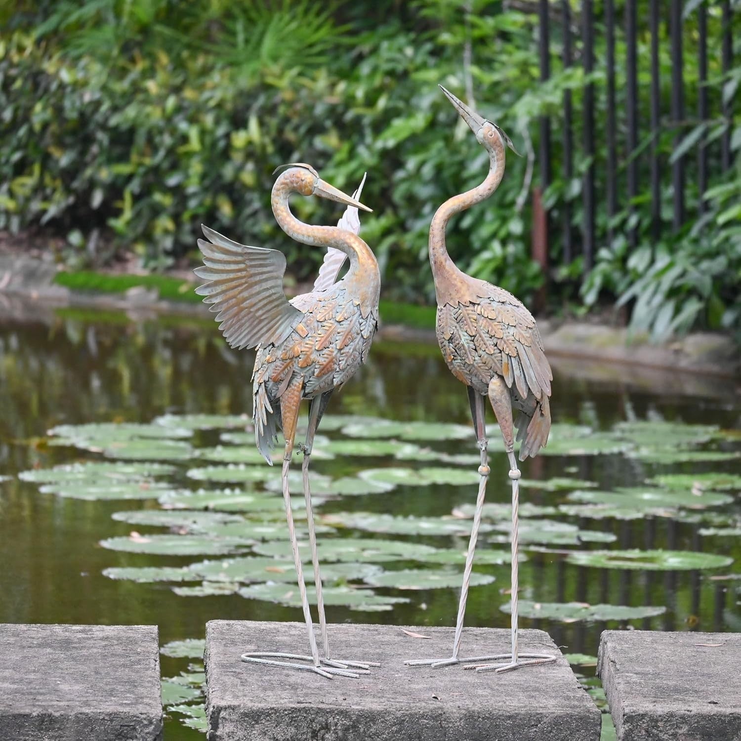 Metal Crane Garden Statues Pair 26in Gold Heron Sculptures Outdoor Yard Decor
