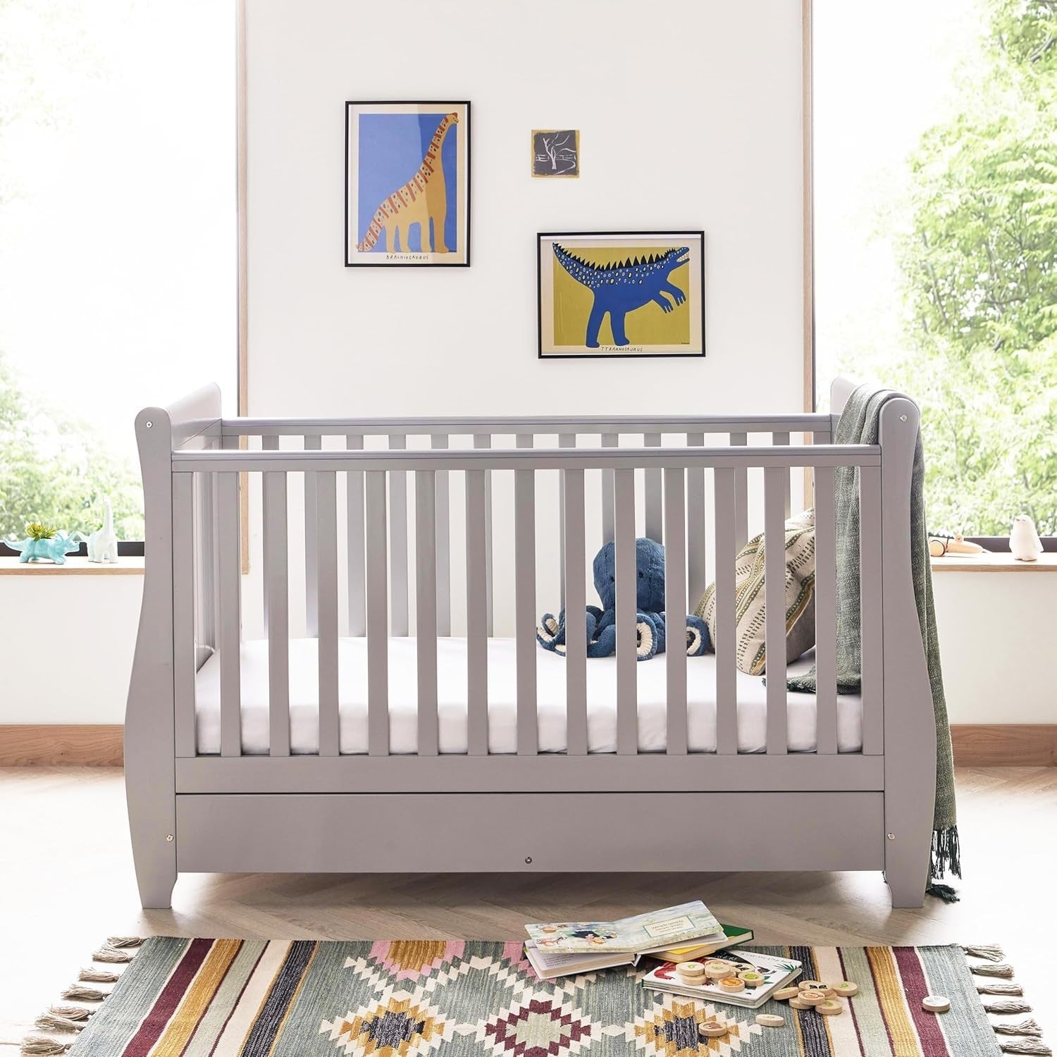 2pcs Nursery Furniture Set Cot Bed Wardrobe Handle Chest Drawers Solid Wood Grey