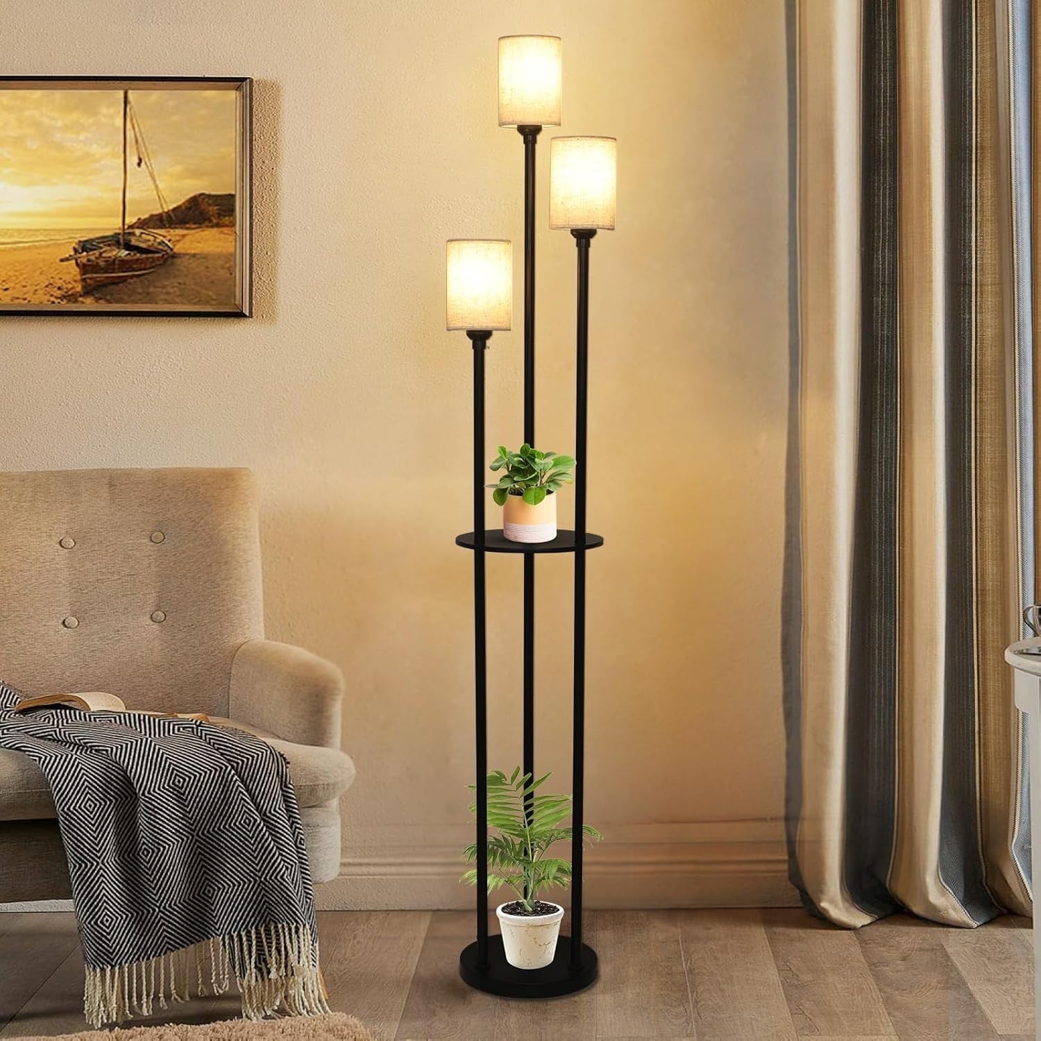 Modern 3-Light Floor Lamp with Shelves, Linen Shades & Foot Switch, 79" Tall