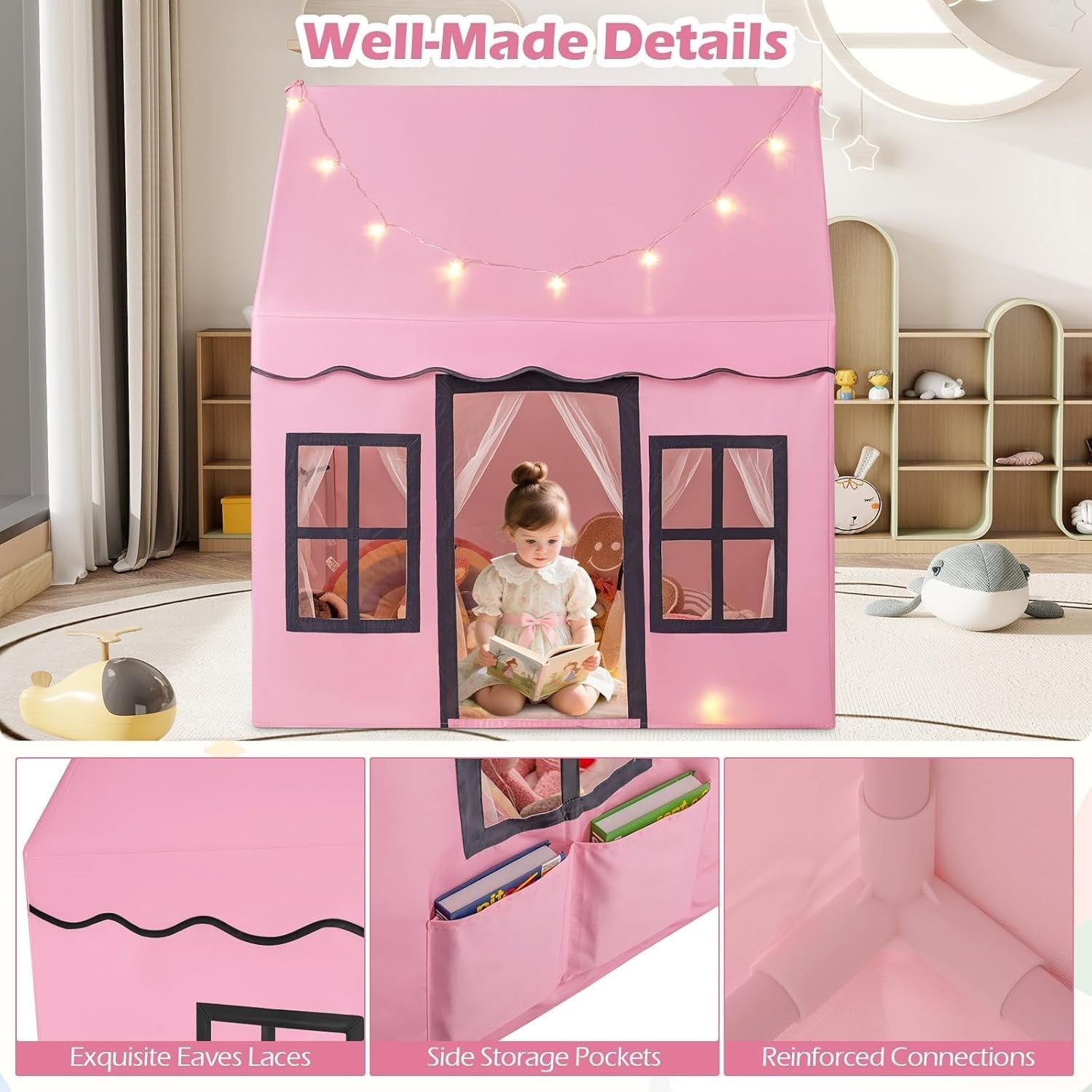 Pink Fairy Castle Kids Play Tent Indoor Large Star Light Playhouse