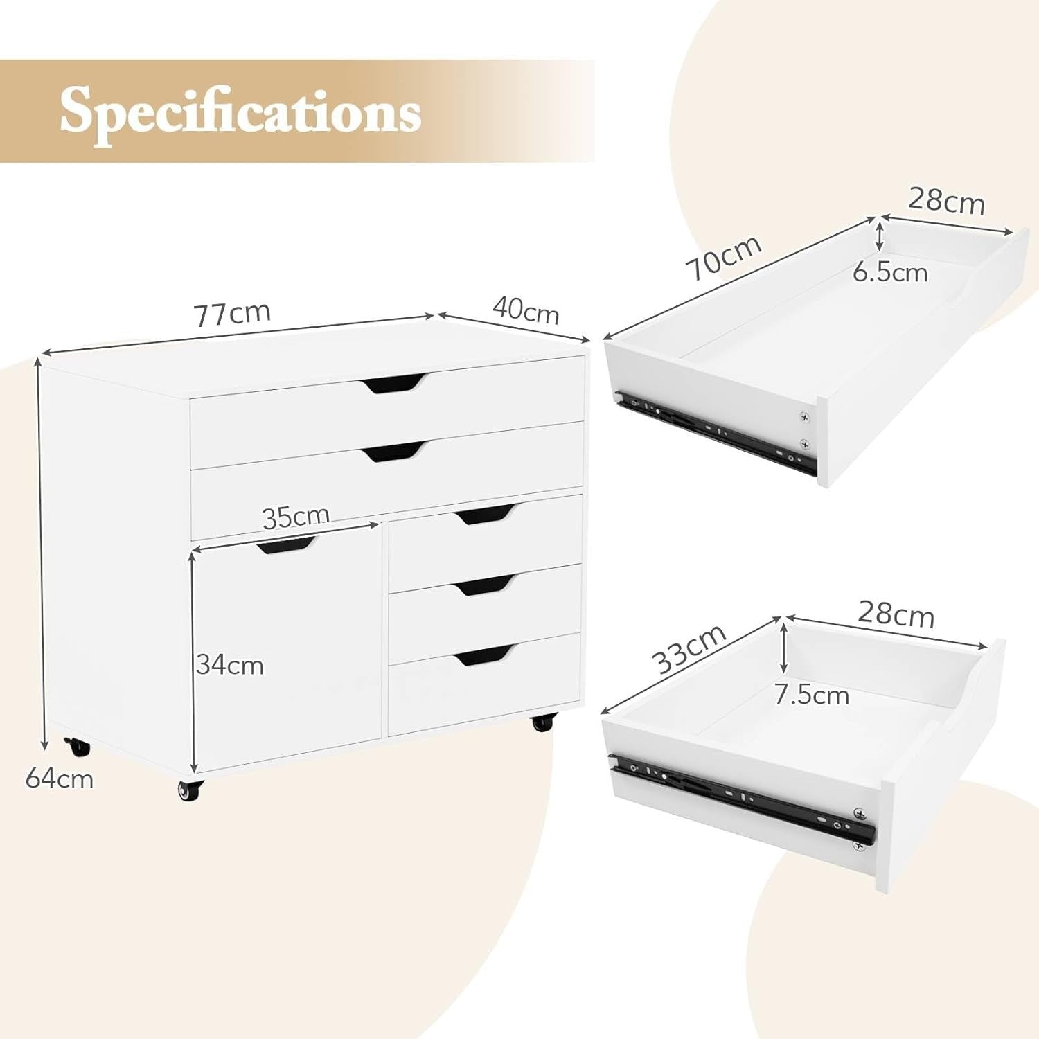 White Mobile File Cabinet 5 Drawer Side Cupboard Rolling Printer Stand