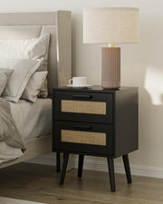 Rattan Bedside Table with 2 Drawers – Modern Wood Nightstand Storage