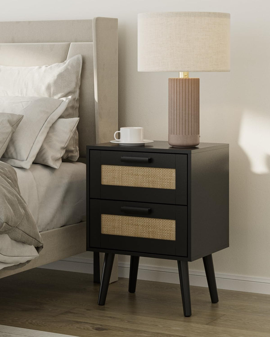 Rattan Bedside Table with 2 Drawers – Modern Wood Nightstand Storage