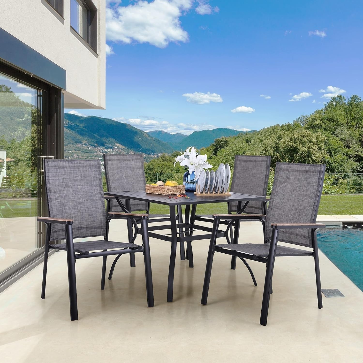 4 Pack Aluminium Patio Dining Chairs Stackable Textilene Garden Seats Grey
