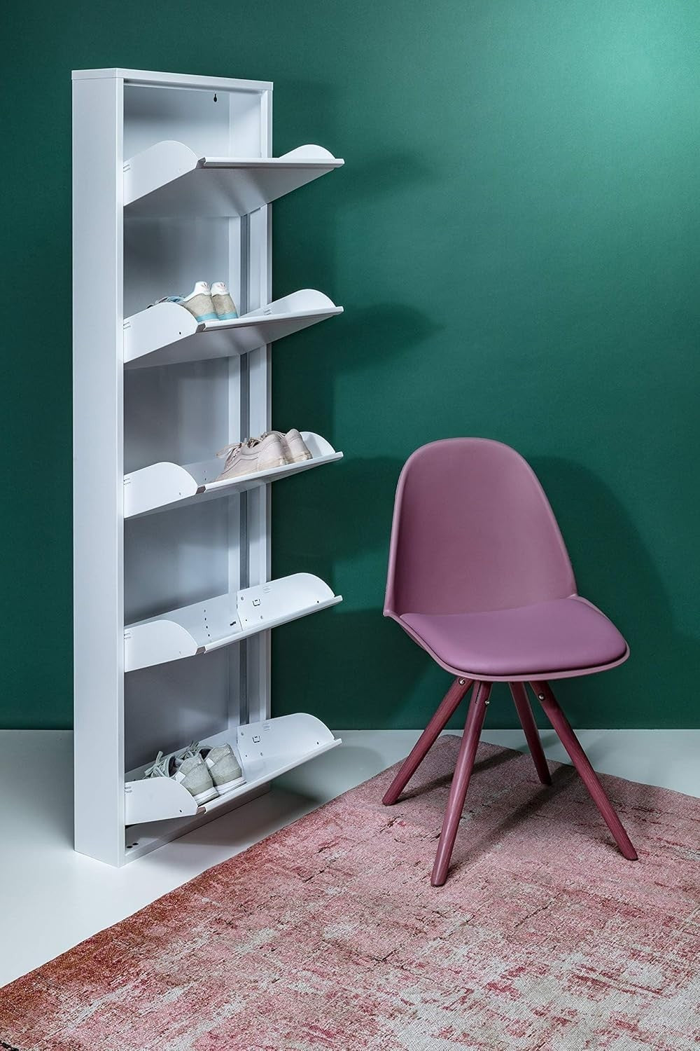 Slim 5-Drawer Shoe Cabinet White– Space-Saving Metal Tilt Rack 170x50x15cm