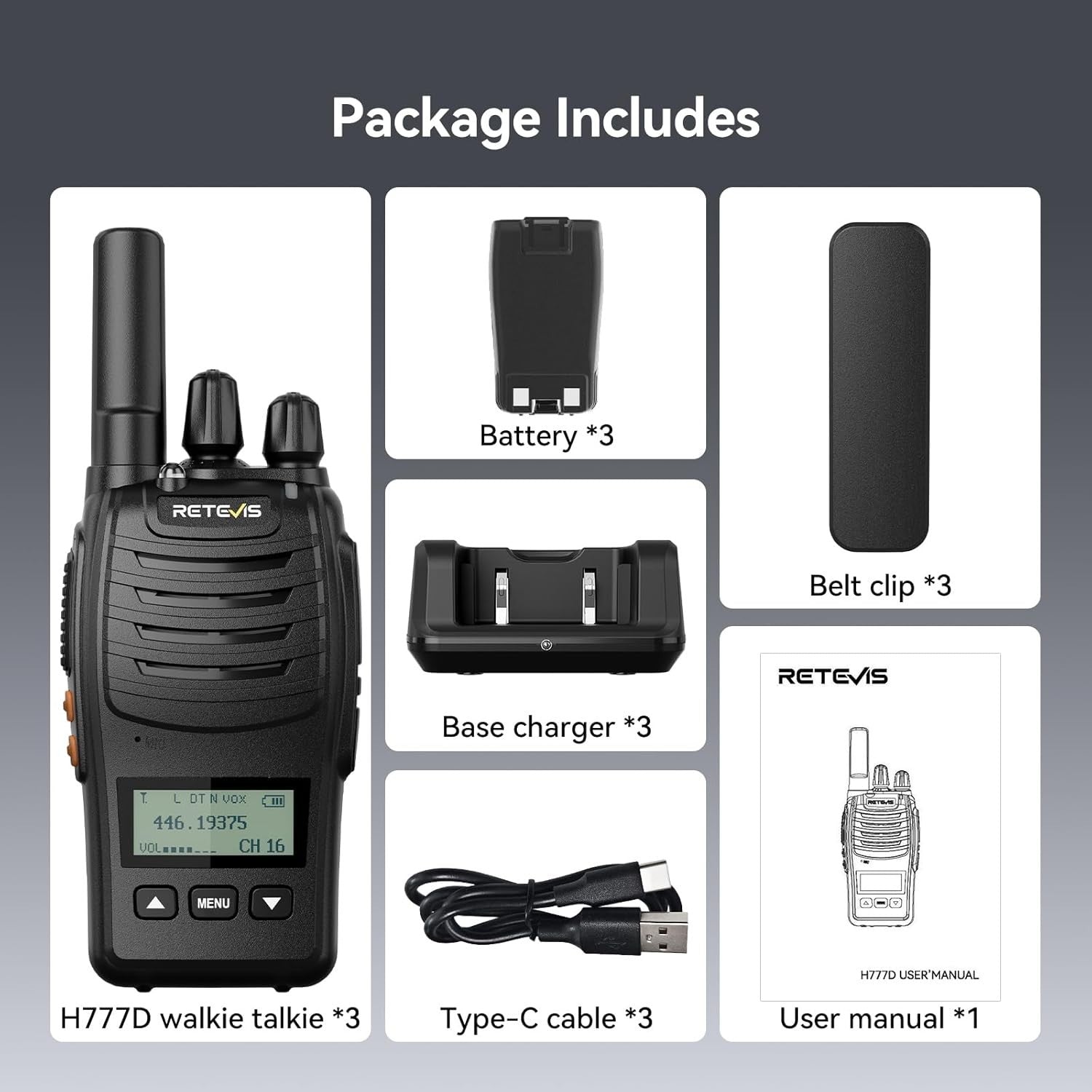 Walkie Talkies 3 Pack Long Range LCD Screen USB-C Rechargeable VOX