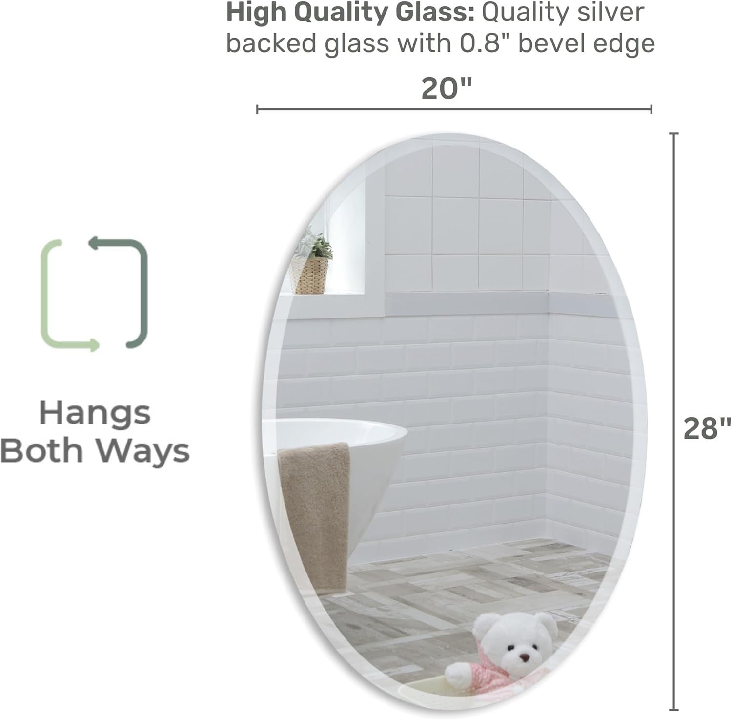 Oval Frameless Bathroom Mirror 70x50 cm, Modern Bevelled Edge