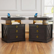 LED Bedside Tables Set of 2 with Hidden Drawer, Wireless Charging & Storage