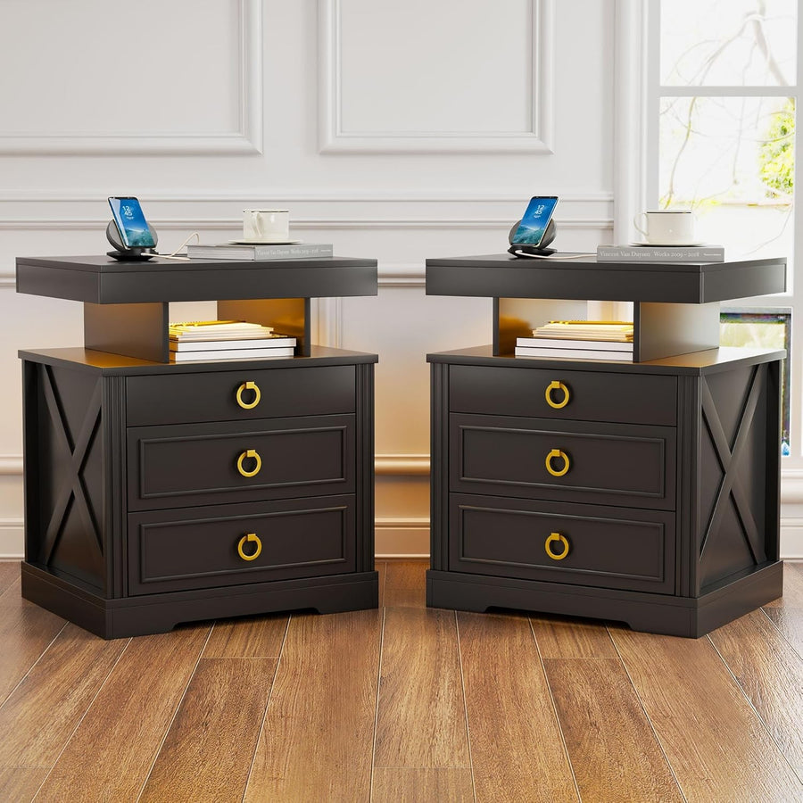 LED Bedside Tables Set of 2 with Hidden Drawer, Wireless Charging & Storage