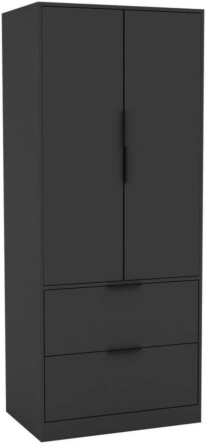 Black 2 Door Wardrobe with 2 Drawers, Hanging Rail & Clothes Storage Unit