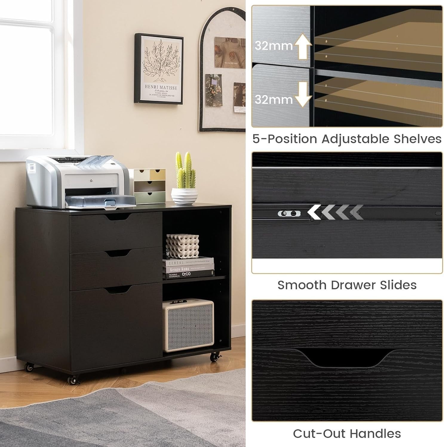 Lateral Mobile Filing Cabinet 3 Drawer A4 Printer Stand Black
