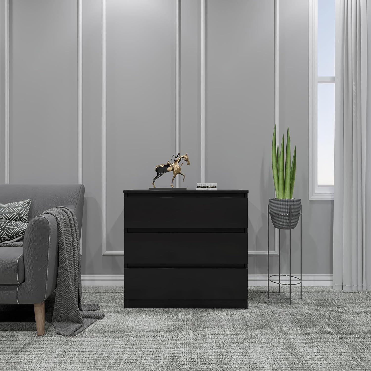 Black 3 Drawer Chest Engineered Wood Storage Cabinet Bedroom Organizer