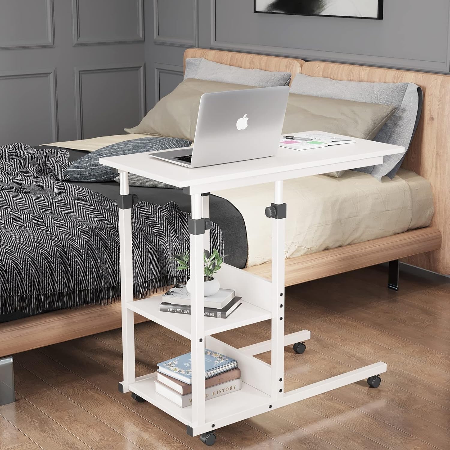C Shaped Side Table Height Adjustable Sofa Bed Laptop Desk Wheels