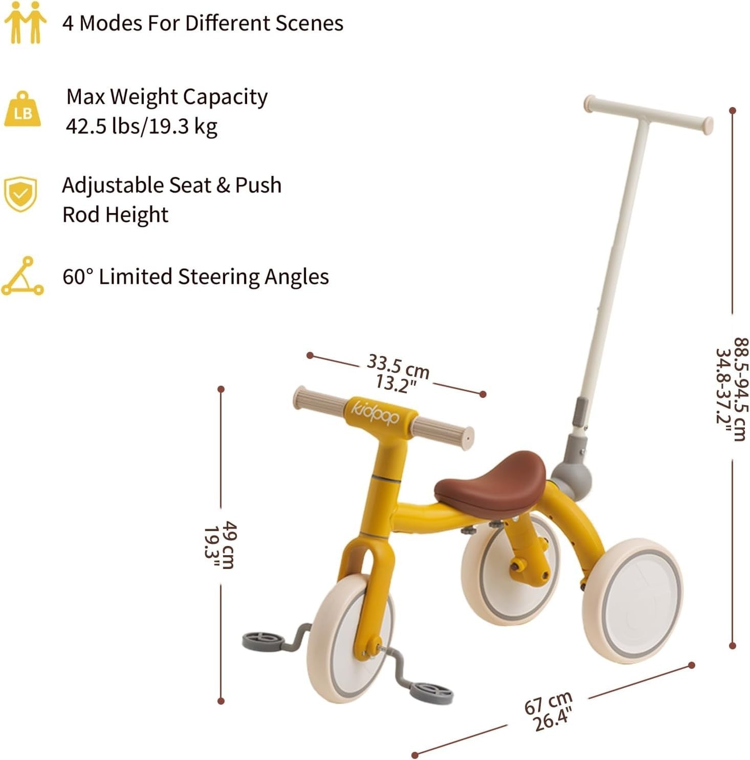 4 in 1 Kids Trike Balance Bike Scooter Push Trike EVA Wheels Yellow