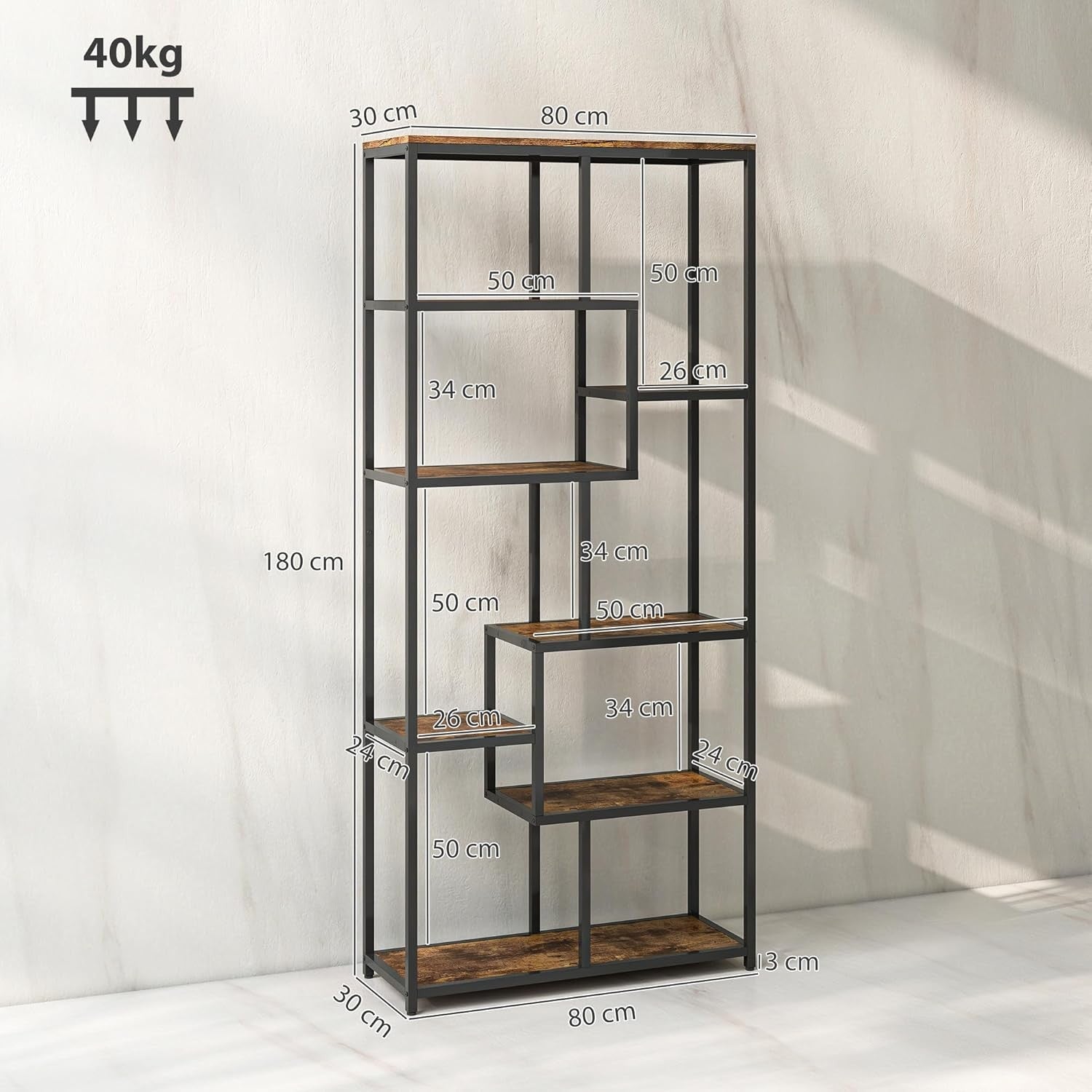 7-Tier Rustic Brown & Black Bookcase | Industrial Geometric Display Shelf Unit