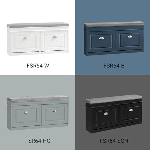 White Shoe Storage Bench with 2 Flip Drawers & Cushion – Modern Hallway Unit