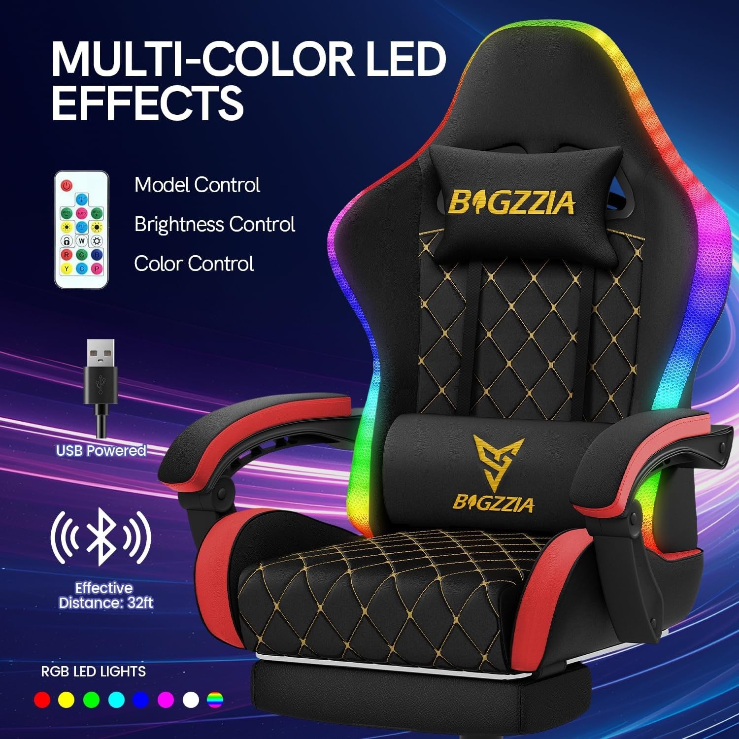Gaming Chair LED Lights Recliner Footrest Ergonomic Back