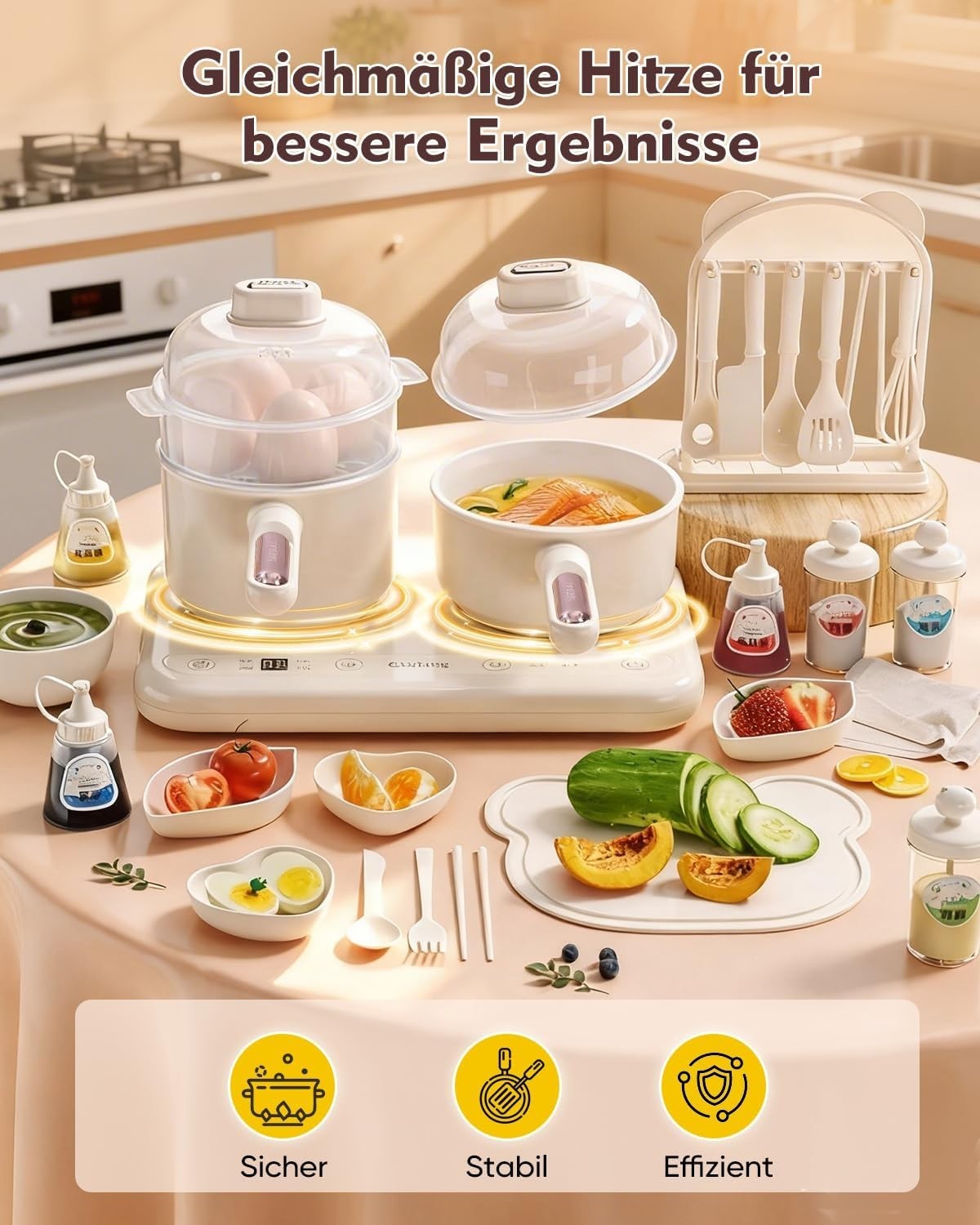 Kids Electric Cooking Set Double Hob Kitchen Toy Cookware 40pc Beige