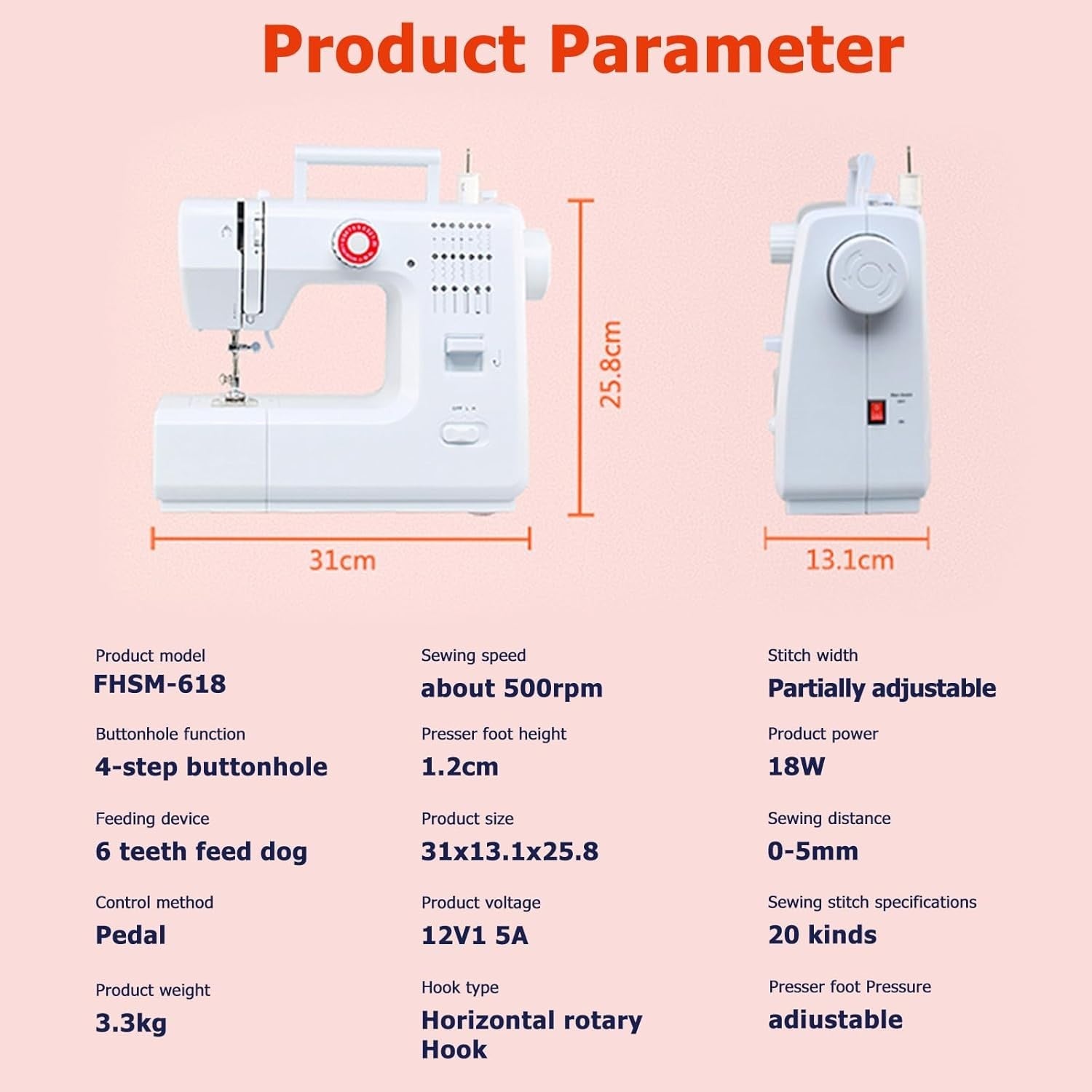 20 Stitch Sewing Machine Electric Dual Speed Foot Pedal Free Arm