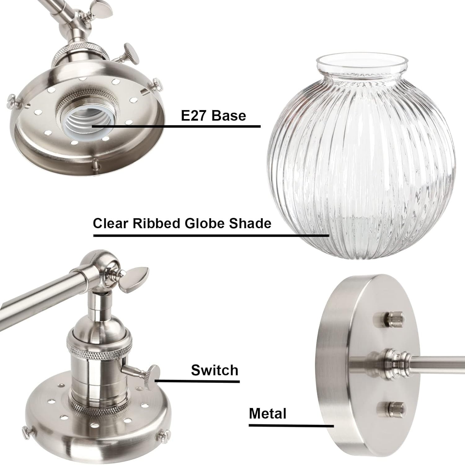 Modern 2-Light Glass Wall Sconce Brushed Metal | Dimmable Bedroom Lamp