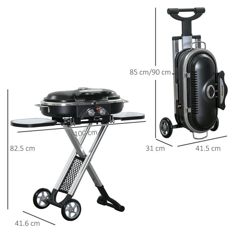 2 Burner Foldable Gas BBQ Grill w/ Thermometer, Shelves & Wheels Portable