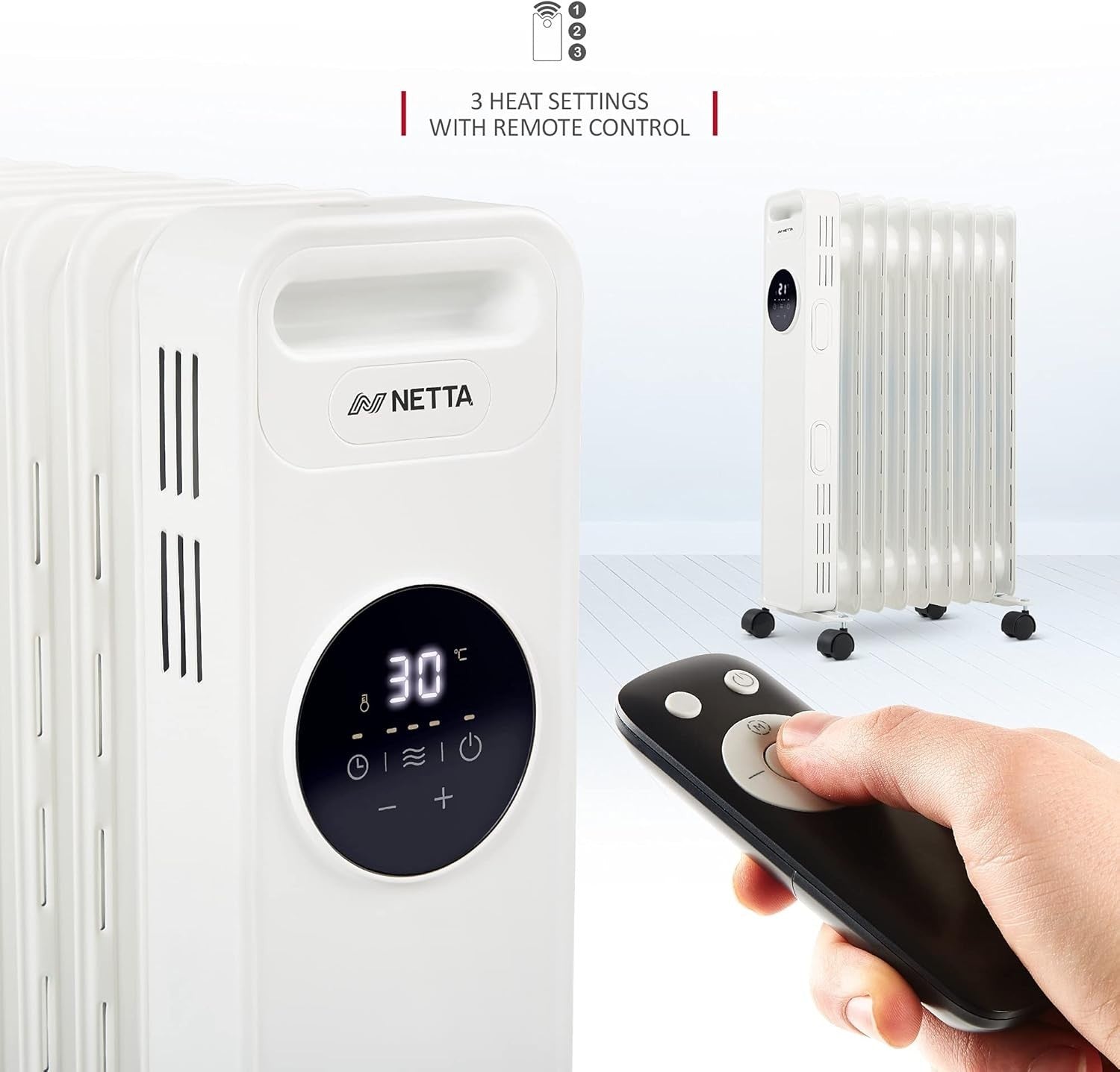 Oil Filled Radiator Heater 2000W Remote 24h Timer 9 Fin Silent White