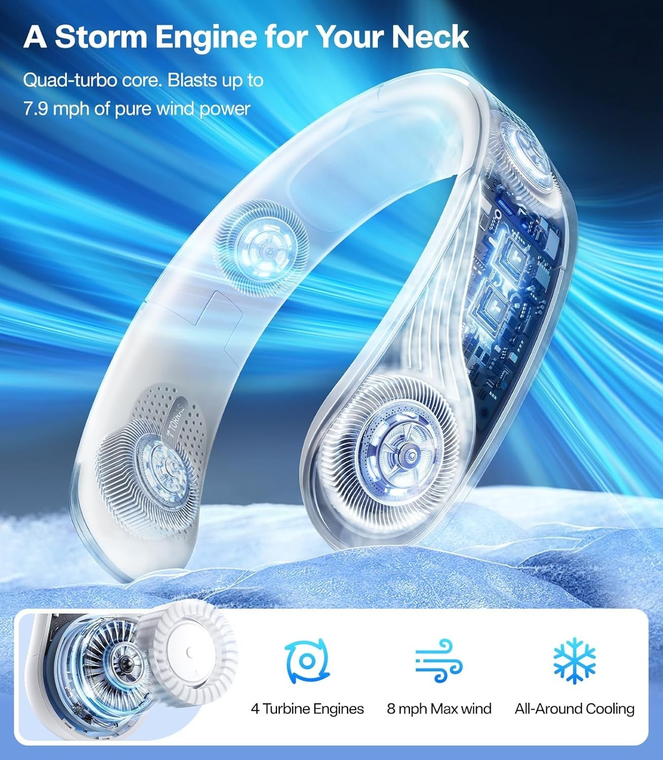 Neck Fan – 8450RPM Turbo Cooling 3-Speed 14H Rechargeable Wearable Ivory