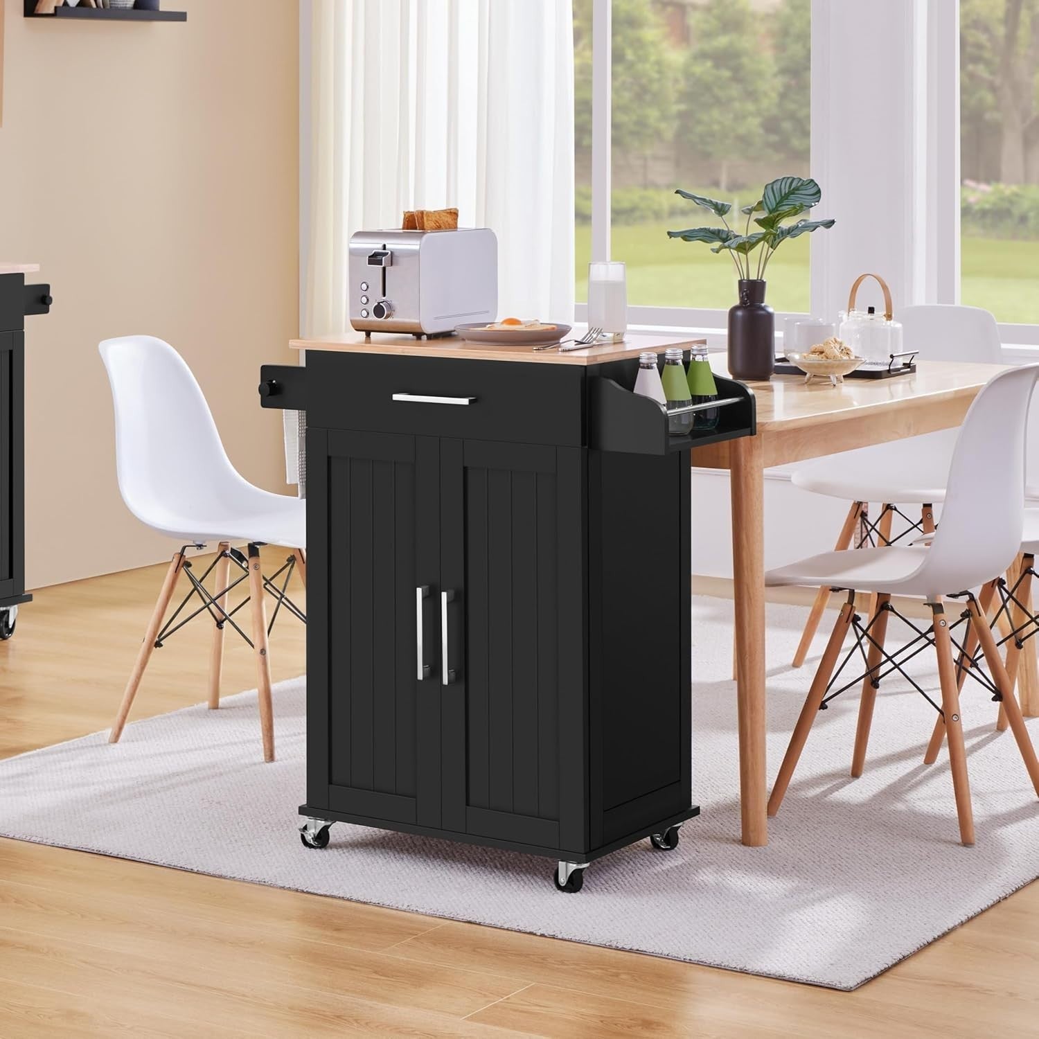 Black Kitchen Island Cart on Wheels w/ Bamboo Top Cabinet