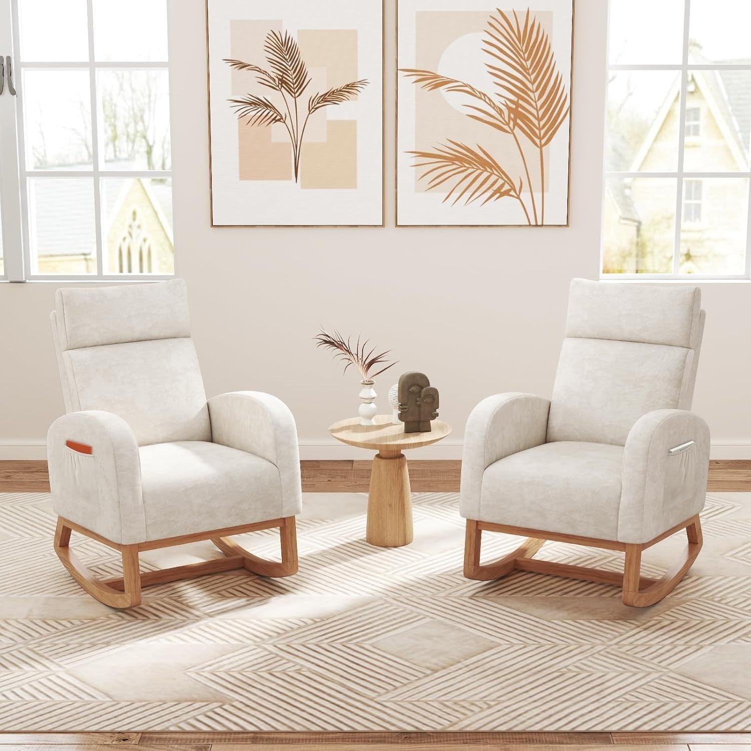 Modern Rocking Armchair w/ Soft Chenille, Side Pocket, Wood Base, 92cm