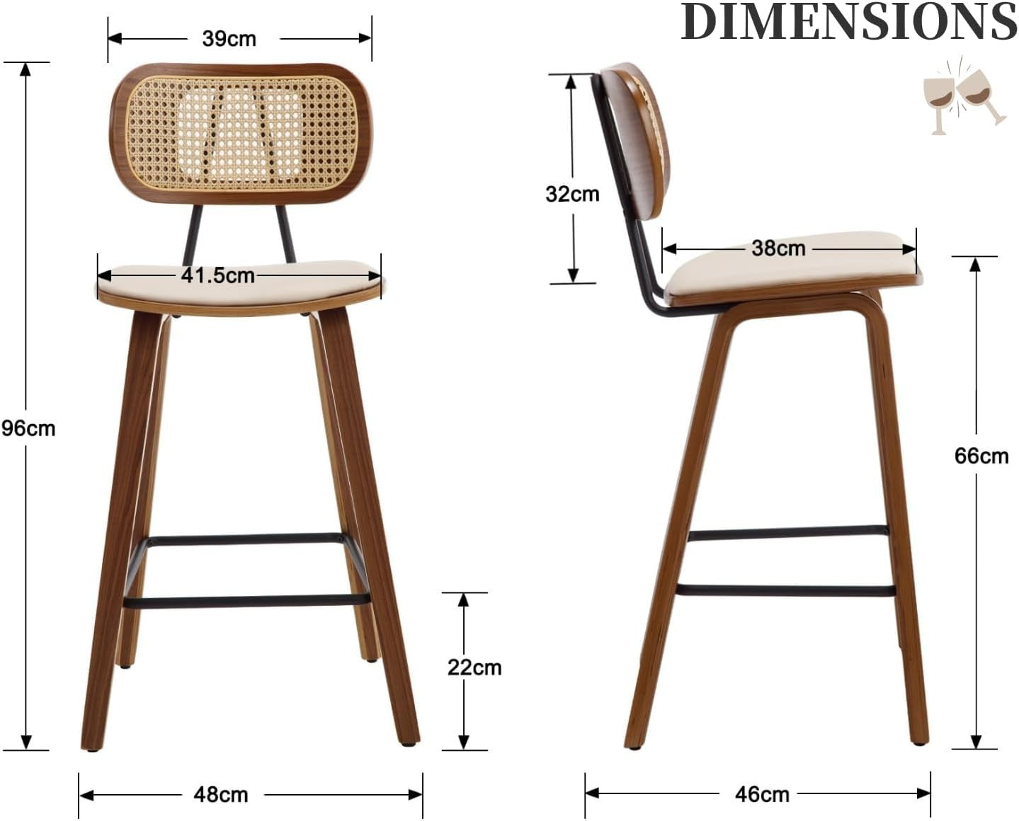Retro Rattan Bar Stools Set of 2 Beige PU Leather Wooden Kitchen Chairs
